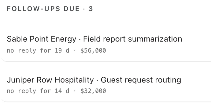 Follow-ups due in Atlas: 2 quotes with no reply.