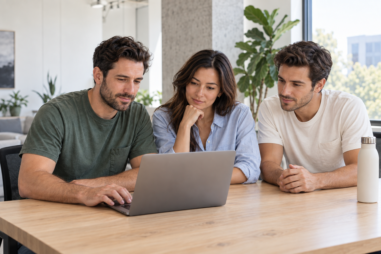 Three colleagues reviewing an operation together in a bright startup office